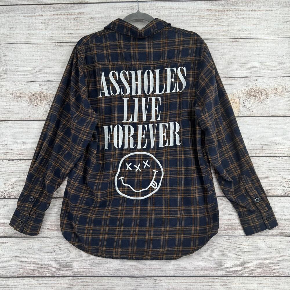 A$$holes Live Forever Embroidered Long Sleeve Flannel Shirt Mens L Blue‎ Brown